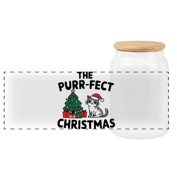 Festive Cat with Christmas Tree - Panoramic Cookie Jar with Wooden Lid - white - Front