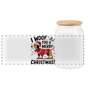 Festive Dog in Christmas Sweater - Panoramic Cookie Jar with Wooden Lid - white - Front