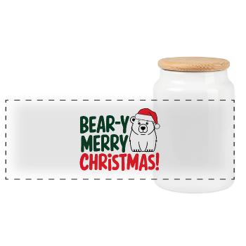 Festive Bear Christmas Design - Panoramic Cookie Jar with Wooden Lid - white - Front