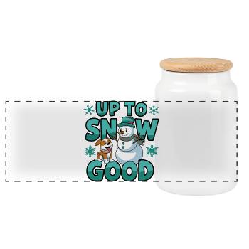 Playful Snowman and Dog Christmas Design - Panoramic Cookie Jar with Wooden Lid - white - Front