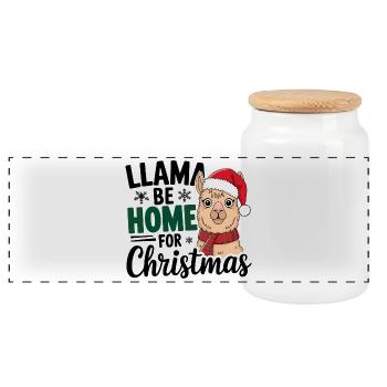 Llama Festive Christmas Design - Panoramic Cookie Jar with Wooden Lid - white - Front