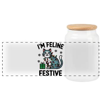 Chat festif dans les lumières de Noël - Boîte à biscuits avec couvercle en bois - blanc - Devant