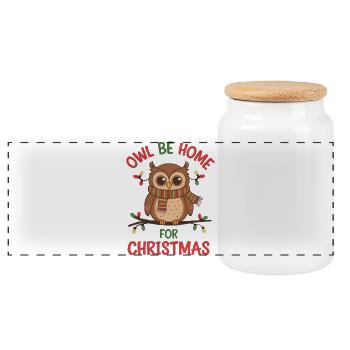Owl Home for Christmas Design - Panoramic Cookie Jar with Wooden Lid - white - Front
