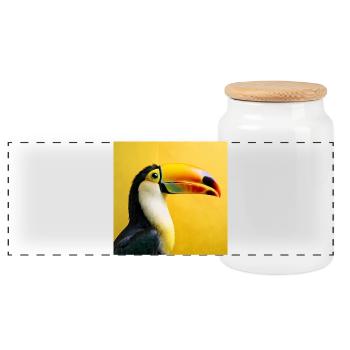 Toucan bird on tropical yellow background colors - Panoramic Cookie Jar with Wooden Lid - white - Front