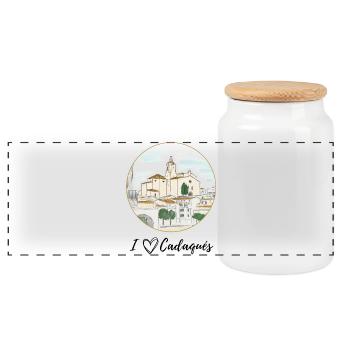 I love Cadaqués Watercolor - Panoramic Cookie Jar with Wooden Lid - white - Front