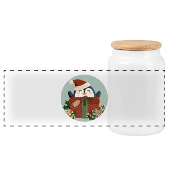 Pingouin mignon avec cadeau et chapeau de Père Noël - Boîte à biscuits avec couvercle en bois - blanc - Devant
