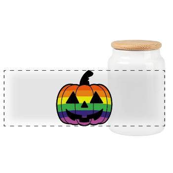 Kürbis Cartoon mit Regenbogen Pride Flagge Farben - Panorama Keksdose mit Holzdeckel - Weiß - Vorne