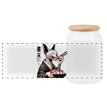 Sushi Sphynx Cat Maki Kimono Gift - Panoramic Cookie Jar with Wooden Lid - white - Front