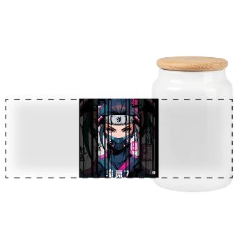 Ver.2 - Cyborg ninja kanji - Panoramic Cookie Jar with Wooden Lid - white - Front