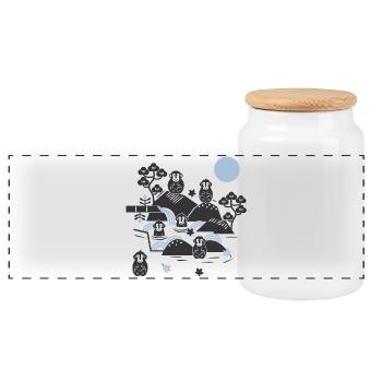 Chilling monkeys in a hot spring l black blue - Panoramic Cookie Jar with Wooden Lid - white - Front