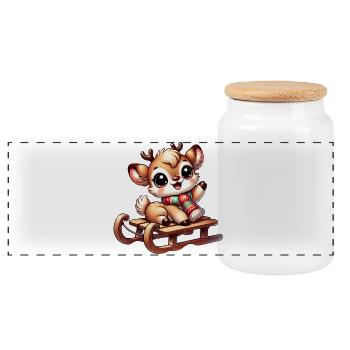 Cute reindeer design on a sleigh - Panoramic Cookie Jar with Wooden Lid - white - Front