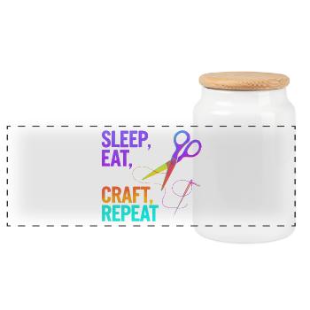 Sleep, Eat, Craft, Repeat - Panoramic Cookie Jar with Wooden Lid - white - Front