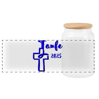 Baptism 2025 Fish Dips in Cross Blue Contrast - Panoramic Cookie Jar with Wooden Lid - white - Front
