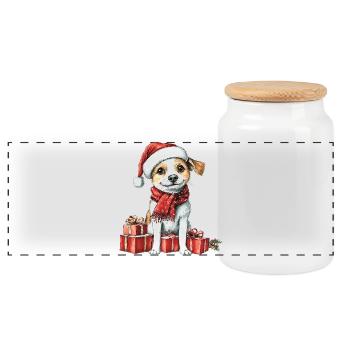 Weihnachts-Welpe mit Geschenken - Panorama Keksdose mit Holzdeckel - Weiß - Vorne