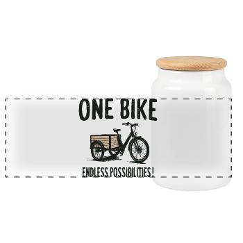 Cargo Bike Lastenfahrrad unendliche Möglichkeiten - Panorama Keksdose mit Holzdeckel - Weiß - Vorne