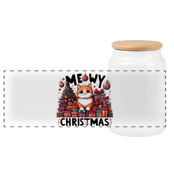 Meowy Christmas Cat Orange Funny Gift - Panoramic Cookie Jar with Wooden Lid - white - Front