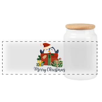 Merry Christmas - Christmas Penguin - Panoramic Cookie Jar with Wooden Lid - white - Front