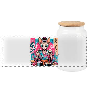 Sushi Sphynx Katze Maki Kimono Geschenk - Panorama Keksdose mit Holzdeckel - Weiß - Vorne