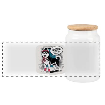 Husky jogging? I'll pull you with dog love - Panoramic Cookie Jar with Wooden Lid - white - Front
