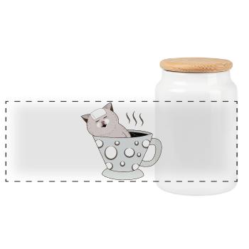 Chaton se relaxant dans une tasse à thé à pois fumante - Boîte à biscuits avec couvercle en bois - blanc - Devant