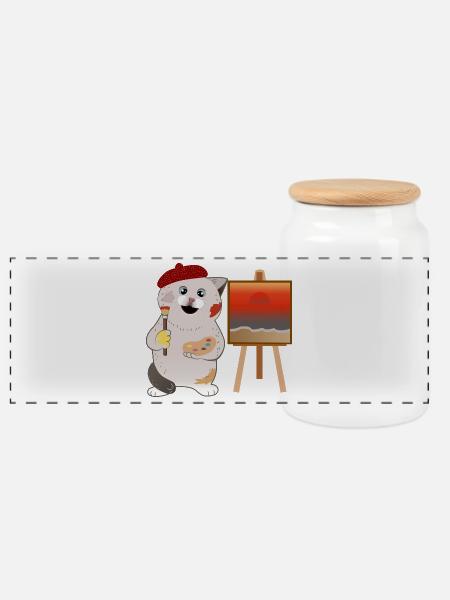 cute cat painter - Panoramic Cookie Jar with Wooden Lid - white