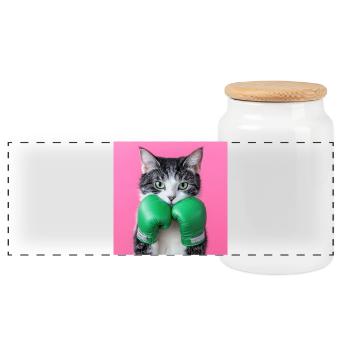 Green Punch: Boxer Cat Deluxe - Panoramic Cookie Jar with Wooden Lid - white - Front