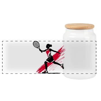 Tennis Tennisspielerin Silhouette, rot-schwarz - Panorama Keksdose mit Holzdeckel - Weiß - Vorne