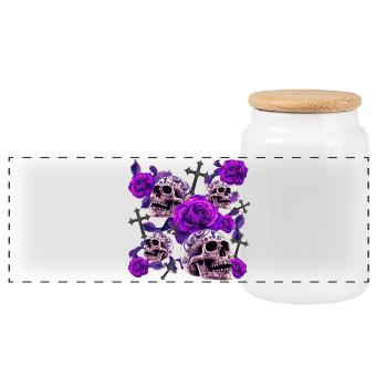 Menschenschädel, Kreuze, Rosenblüten - Panorama Keksdose mit Holzdeckel - Weiß - Vorne