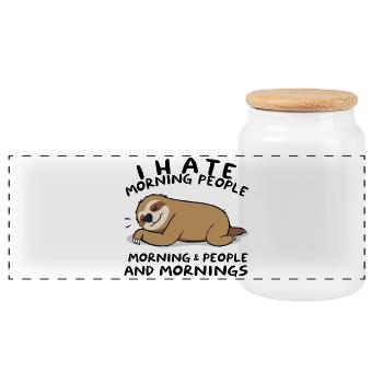 I Hate Morning People - Faultier Humor - Panorama Keksdose mit Holzdeckel - Weiß - Vorne