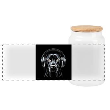 Labrador mit Kopfhörern Kunstmotiv - Panorama Keksdose mit Holzdeckel - Weiß - Vorne