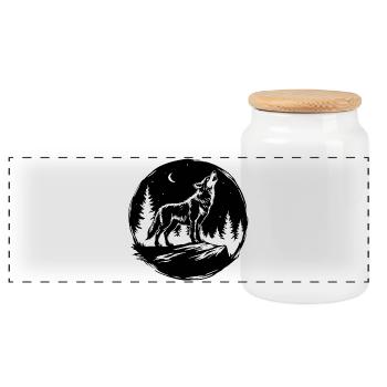 Pochoir noir et blanc : Loup hurlant sur un rocher - Boîte à biscuits avec couvercle en bois - blanc - Devant