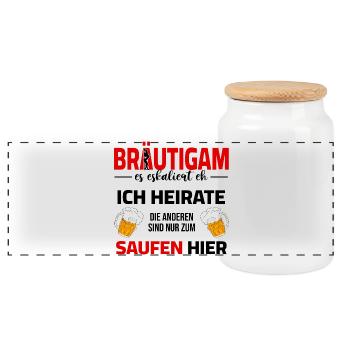 JGA Bräutigam Outfit mit lustigem Spruch - Panorama Keksdose mit Holzdeckel - Weiß - Vorne