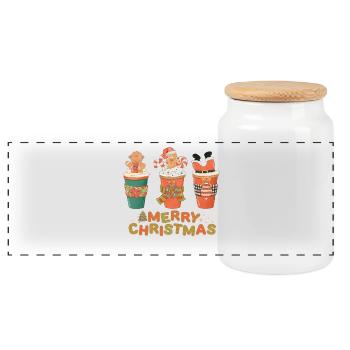 Festive Christmas Motifs on Beverage Mug - Panoramic Cookie Jar with Wooden Lid - white - Front