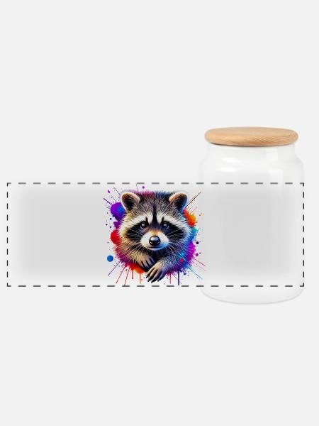 Waschbär - Panorama Keksdose mit Holzdeckel - Weiß