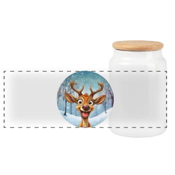 Happy winter reindeer in the winter forest - Panoramic Cookie Jar with Wooden Lid - white - Front