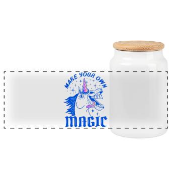 Make Your Own Magic – Wildes Einhorn-Design - Panorama Keksdose mit Holzdeckel - Weiß - Vorne