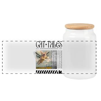 Chat volant surréaliste – Motif de chat magique - Boîte à biscuits avec couvercle en bois - blanc - Devant