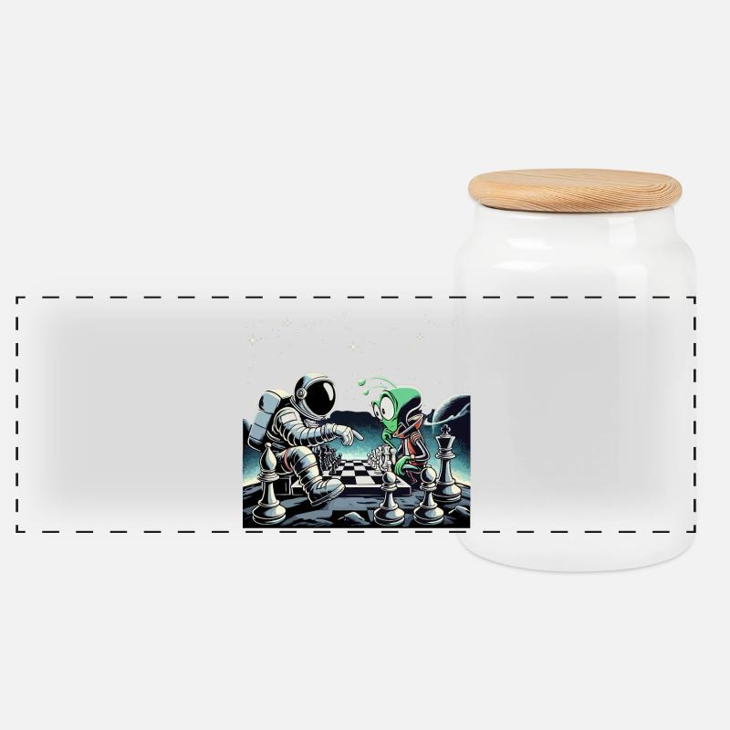 Astronaut Alien Schach Spiel Universum Geschenk - Panorama Keksdose mit Holzdeckel - Weiß