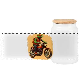 Chameleon Motorcycle / Motorcyclist Chameleon - Panoramic Cookie Jar with Wooden Lid - white - Front