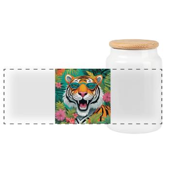 Vivid Jungle Tiger with Sunglasses - Panoramic Cookie Jar with Wooden Lid - white - Front