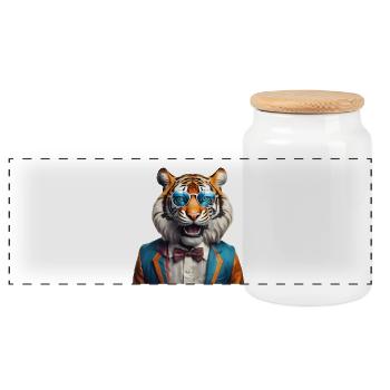Vibrant Tiger with Retro Glasses and Suit - Panoramic Cookie Jar with Wooden Lid - white - Front