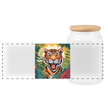 Vibrant Jungle Tiger Illustration - Panoramic Cookie Jar with Wooden Lid - white - Front