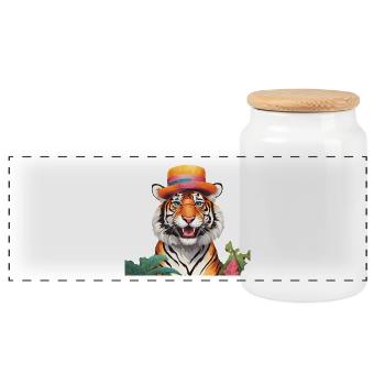 Skurriler Tiger mit Sonnenhut - Panorama Keksdose mit Holzdeckel - Weiß - Vorne