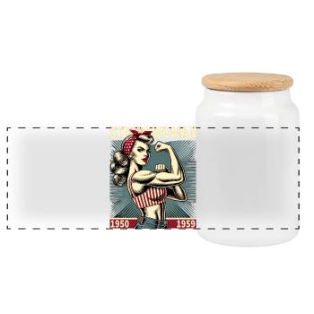 Stärke starke Power Frau Rockabilly retro Geschenk - Panorama Keksdose mit Holzdeckel - Weiß - Vorne