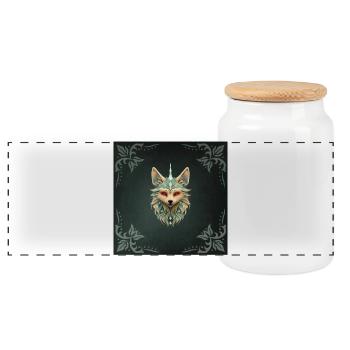 Mystical fox with piercing red eyes. - Panoramic Cookie Jar with Wooden Lid - white - Front