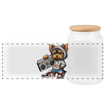 Ein cooler Yorkie Yorkshire Terrier mit einem 90er - Panorama Keksdose mit Holzdeckel - Weiß - Vorne