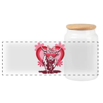 Highland Cow in Love – Süßes Valentinstags-Design - Panorama Keksdose mit Holzdeckel - Weiß - Vorne