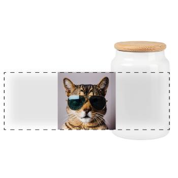 Cat with sunglasses - Panoramic Cookie Jar with Wooden Lid - white - Front