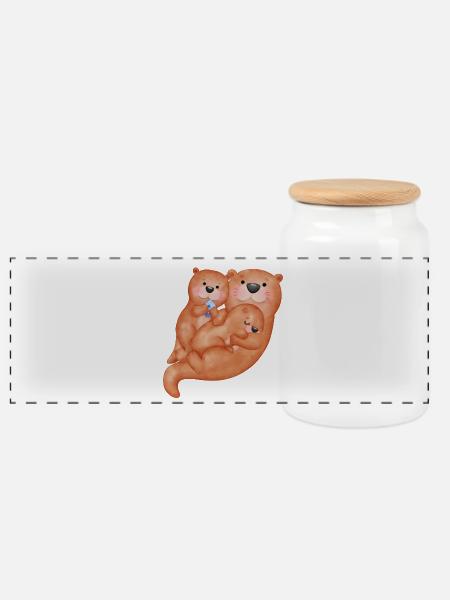 Cute otter family - Panoramic Cookie Jar with Wooden Lid - white