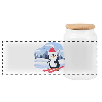 Little penguin skiing - Panoramic Cookie Jar with Wooden Lid - white - Front